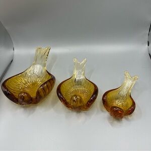 Vintage Set of 3 Amber Glass Nesting Birds Trinket Ashtray Dishes MCM